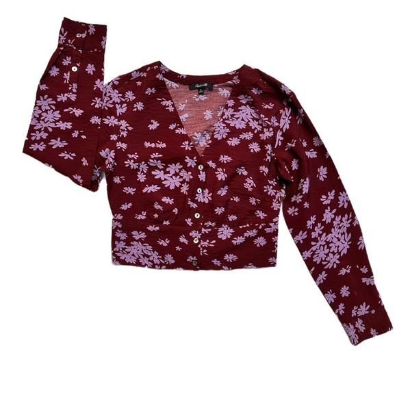 MADEWELL ~ Women’s Floral Burgundy and Lavender Long Sleeve Crop Top size XS - Picture 4 of 9